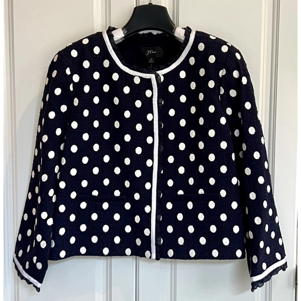 J Crew size 12 navy ivory polka dot textured cotton tweed jacket #G3728 NWOT